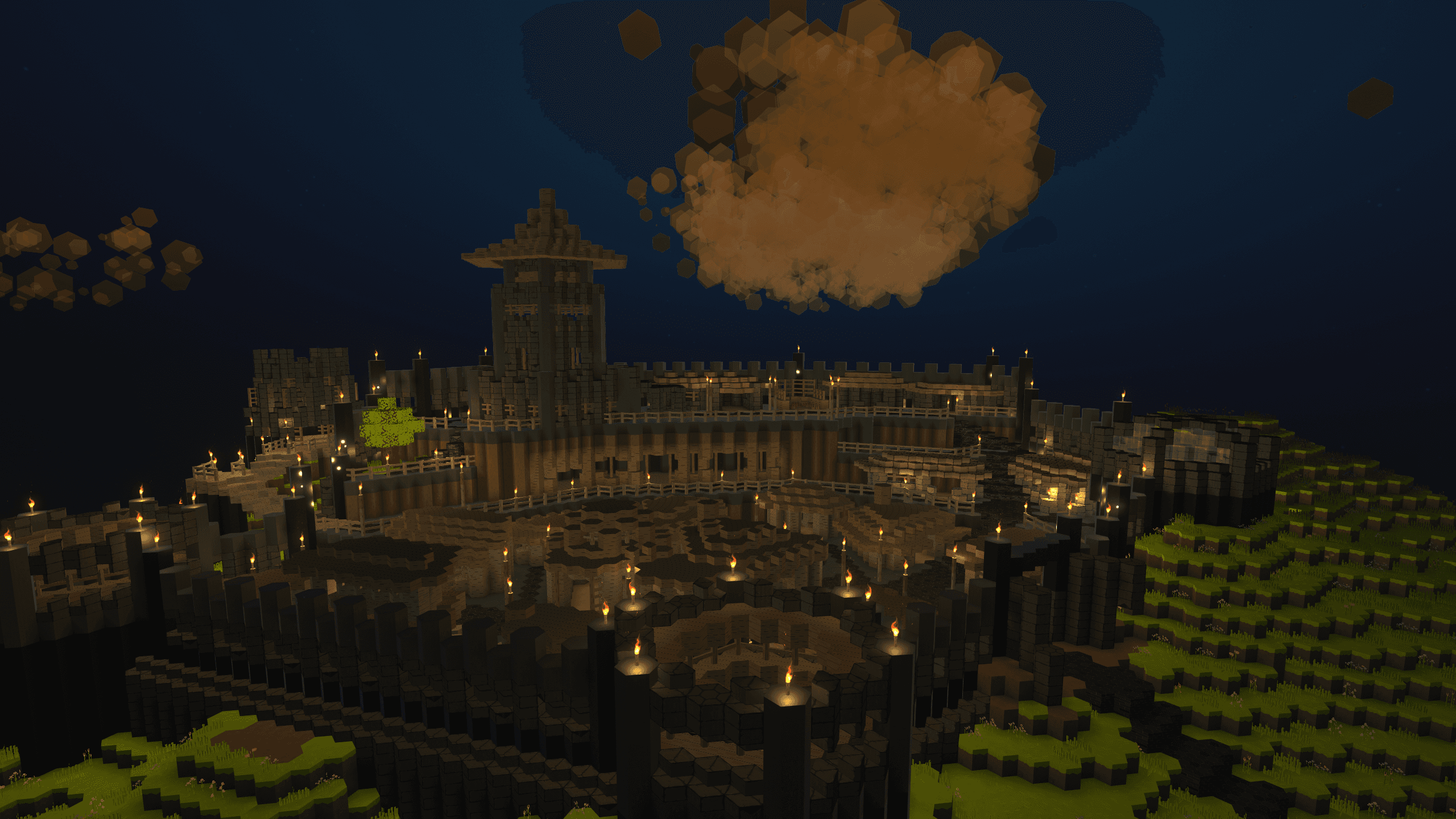 A large castle at dusk