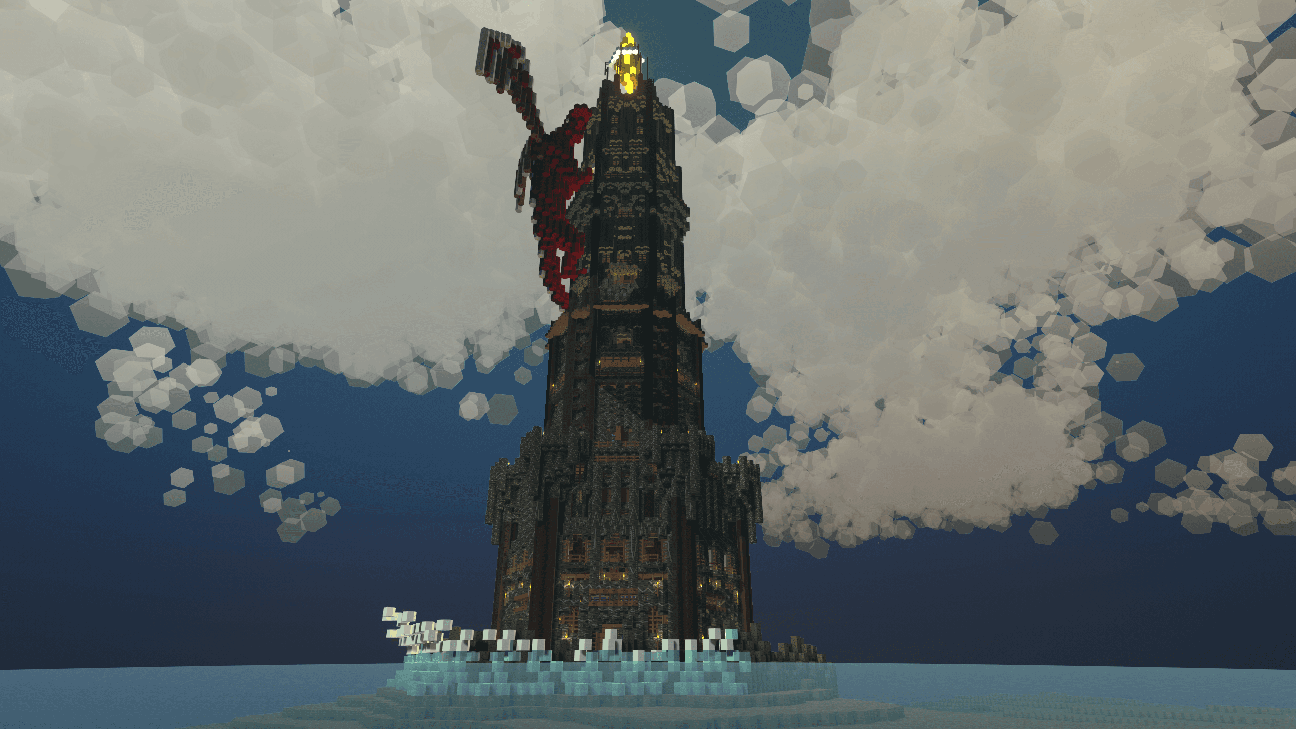 A dark tower with a huge dragon sculpture