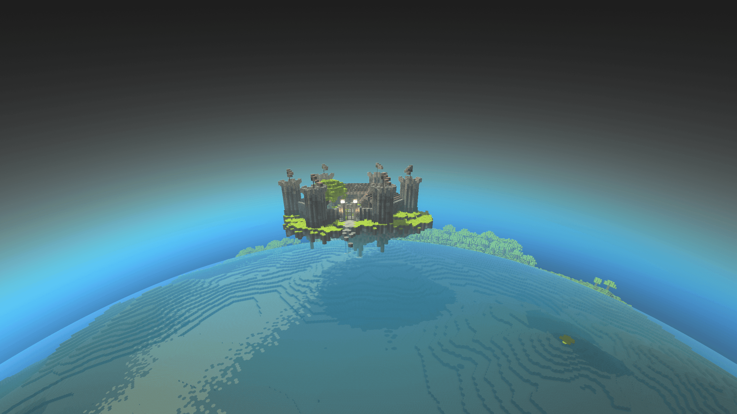 A castle hovering in the air on a tiny world